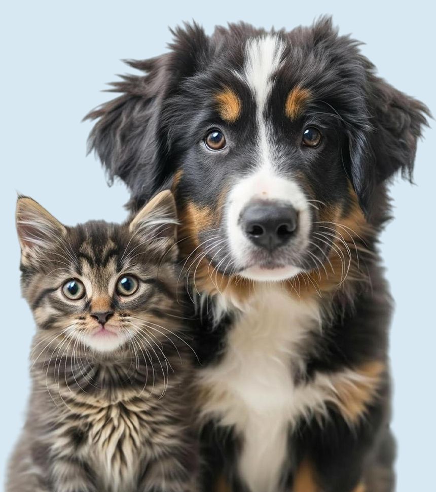 adorable kitten and a bernese mountain puppy on blue background